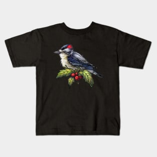 Holiday Bird Downy Woodpecker Kids T-Shirt